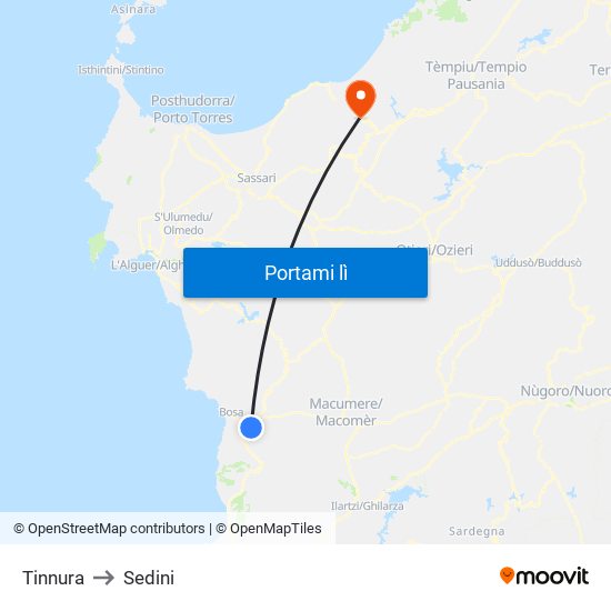 Tinnura to Sedini map