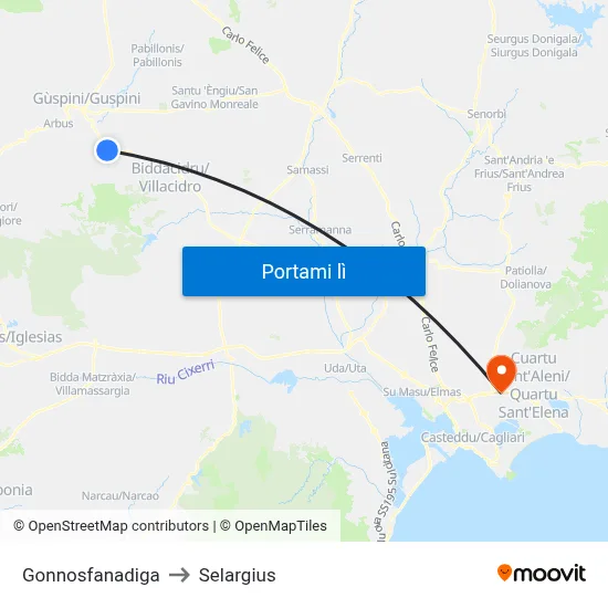 Gonnosfanadiga to Selargius map