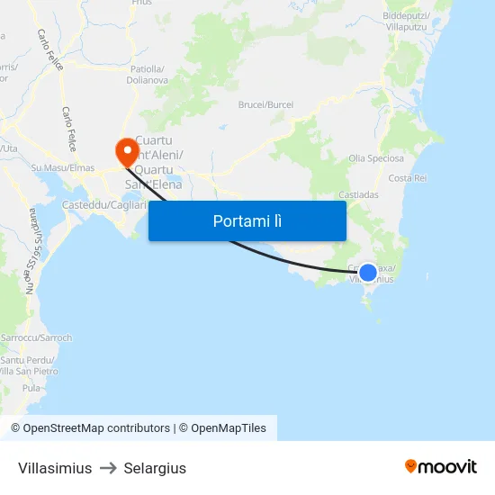 Villasimius to Selargius map