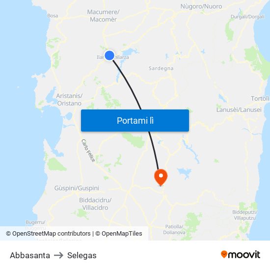 Abbasanta to Selegas map