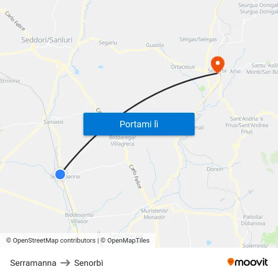 Serramanna to Senorbì map