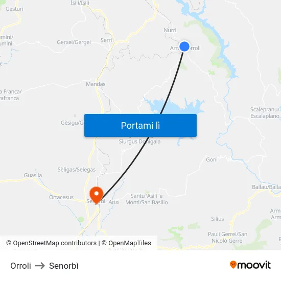 Orroli to Senorbì map