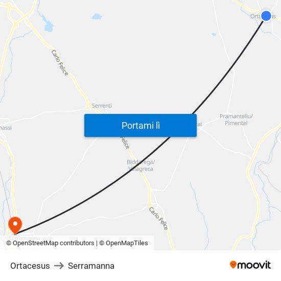 Ortacesus to Serramanna map