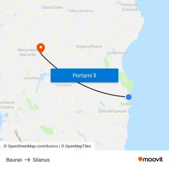 Baunei to Silanus map