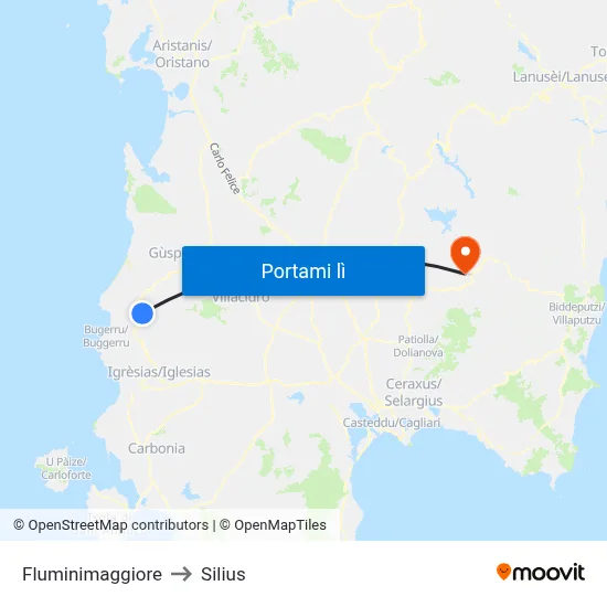 Fluminimaggiore to Silius map