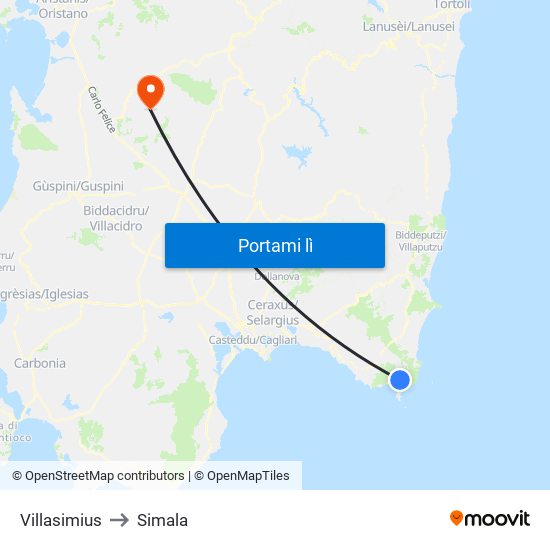 Villasimius to Simala map