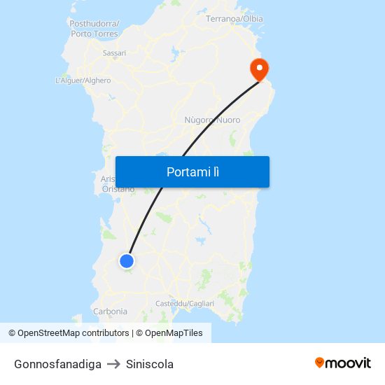 Gonnosfanadiga to Siniscola map