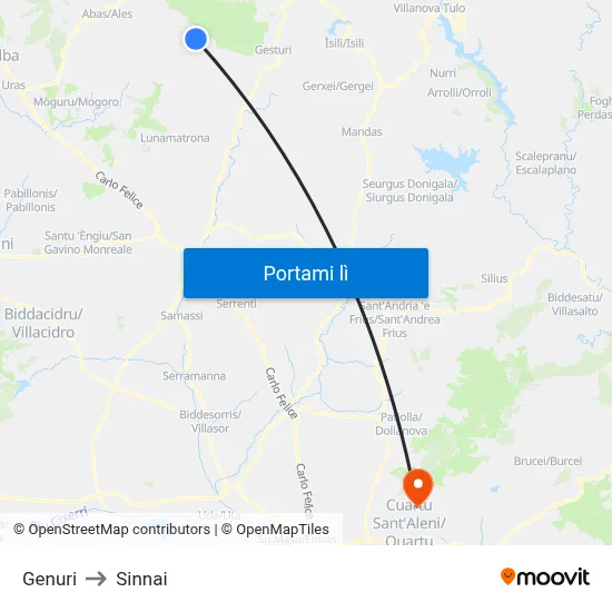 Genuri to Sinnai map