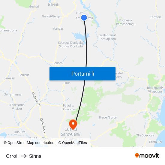 Orroli to Sinnai map
