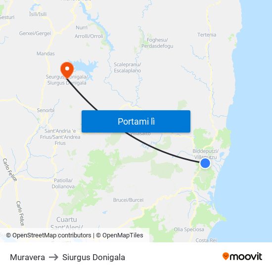Muravera to Siurgus Donigala map