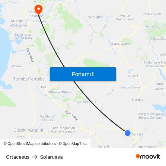 Ortacesus to Solarussa map