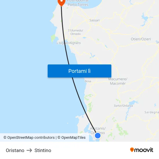 Oristano to Stintino map