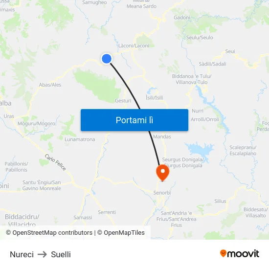 Nureci to Suelli map