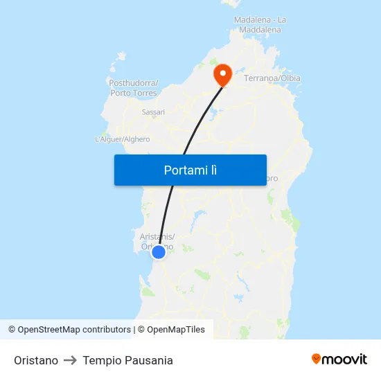 Oristano to Tempio Pausania map
