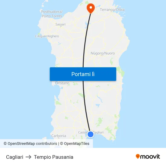 Cagliari to Tempio Pausania map