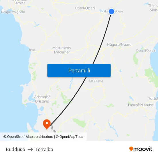 Buddusò to Terralba map