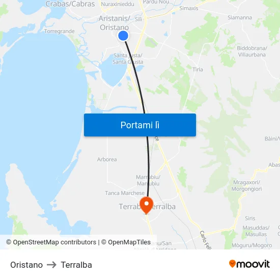 Oristano to Terralba map