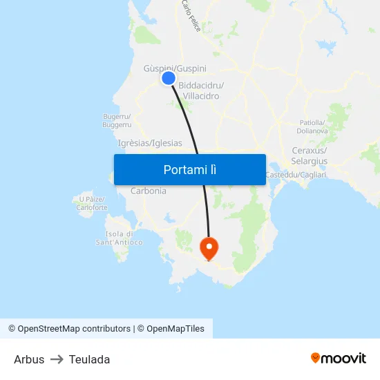 Arbus to Teulada map