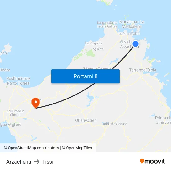 Arzachena to Tissi map