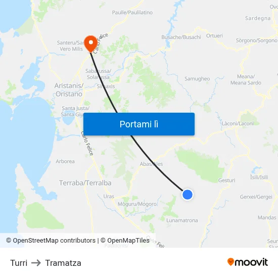 Turri to Tramatza map