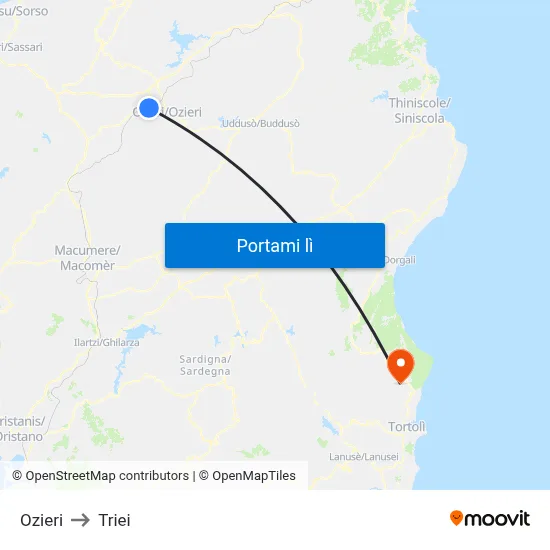 Ozieri to Triei map