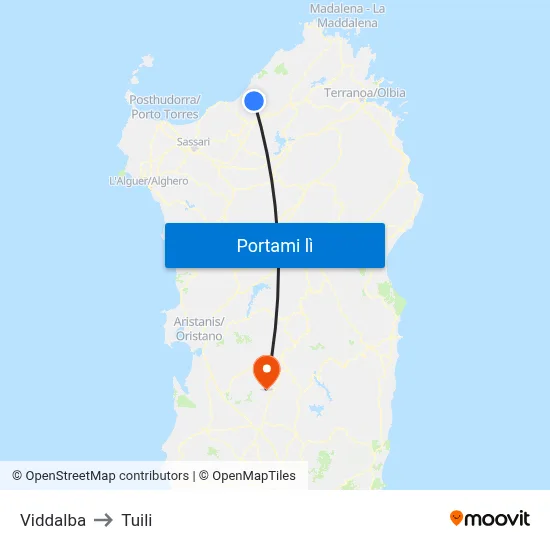 Viddalba to Tuili map