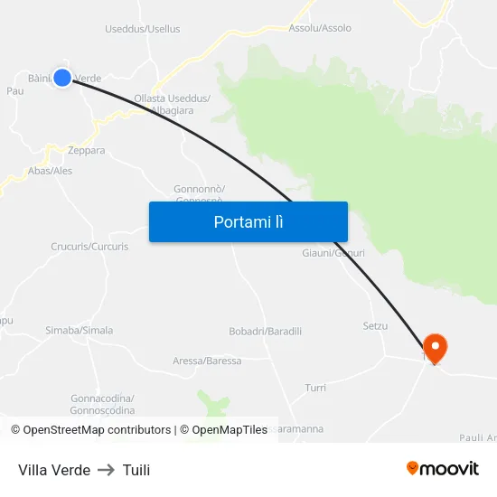 Villa Verde to Tuili map