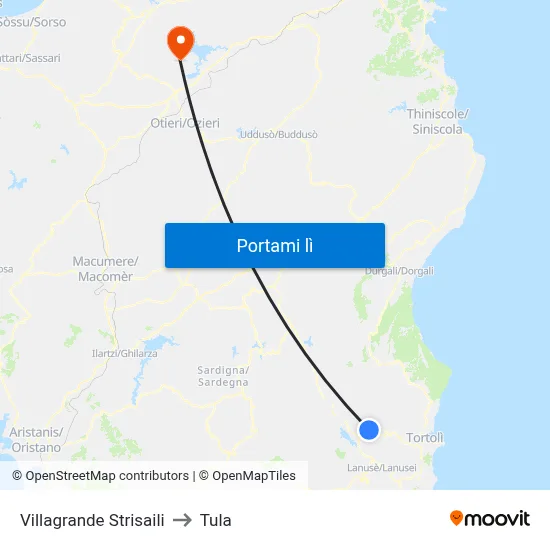 Villagrande Strisaili to Tula map
