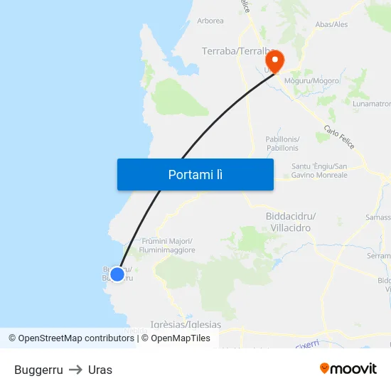 Buggerru to Uras map