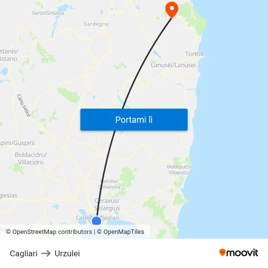 Cagliari to Urzulei map