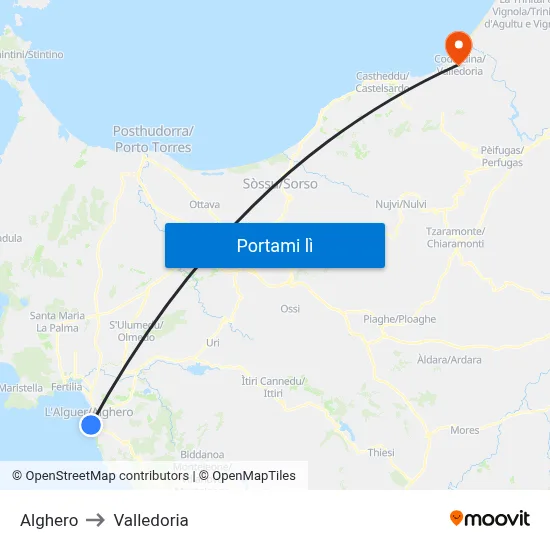 Alghero to Valledoria map