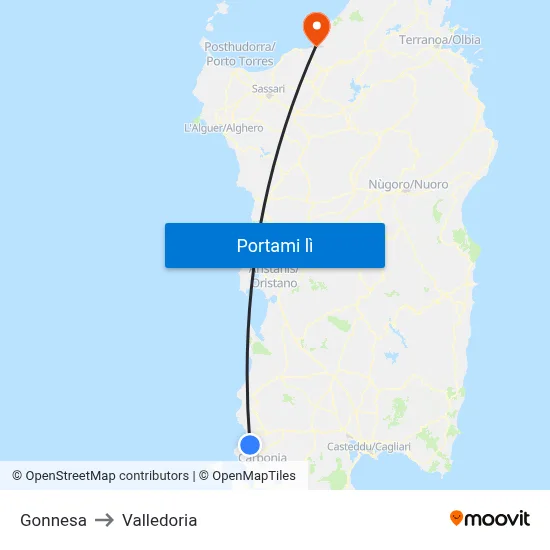 Gonnesa to Valledoria map