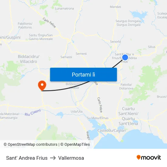 Sant' Andrea Frius to Vallermosa map