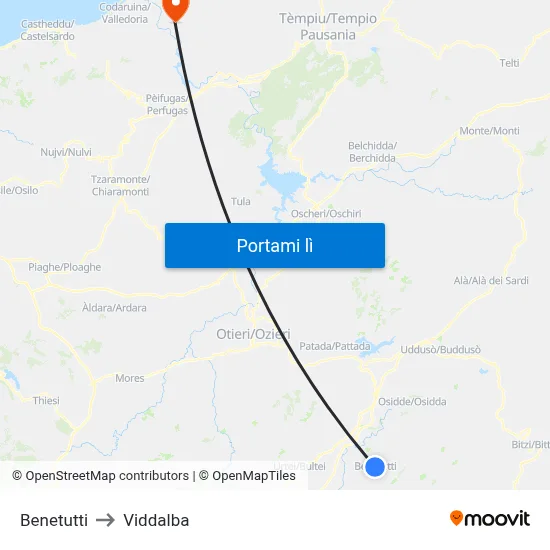 Benetutti to Viddalba map