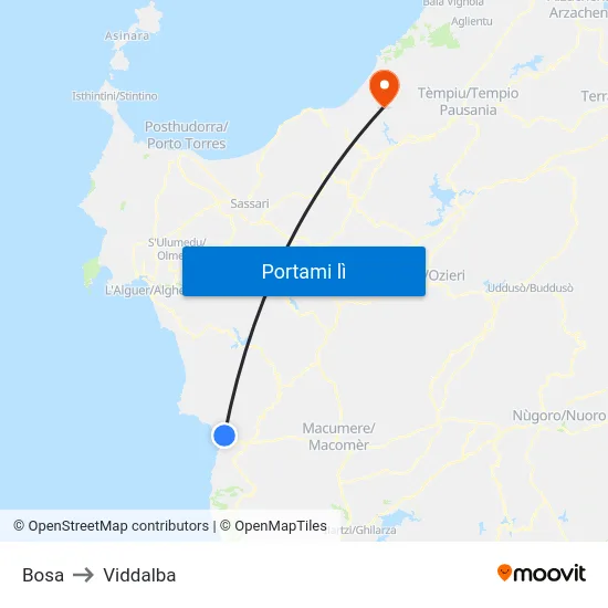 Bosa to Viddalba map