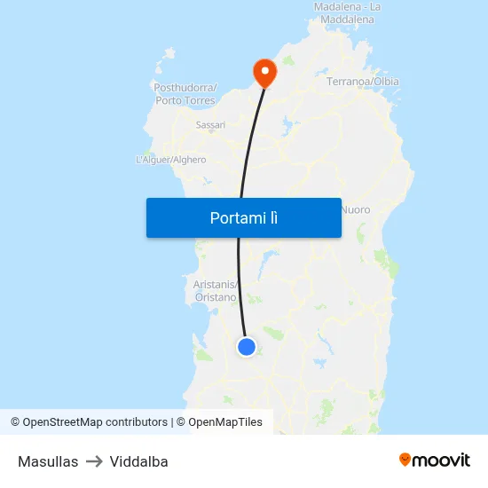 Masullas to Viddalba map