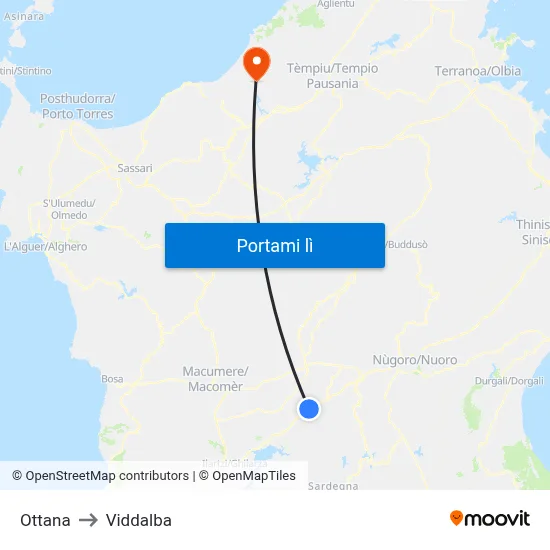 Ottana to Viddalba map