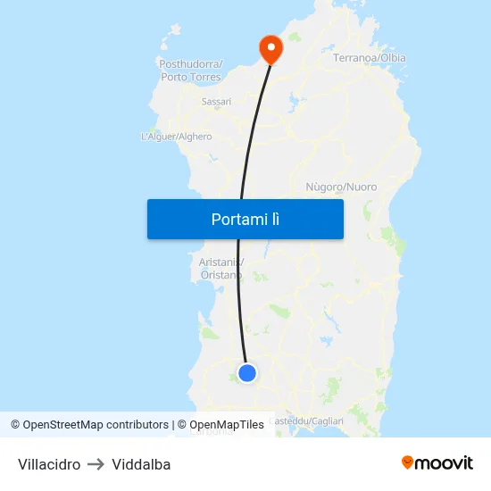 Villacidro to Viddalba map