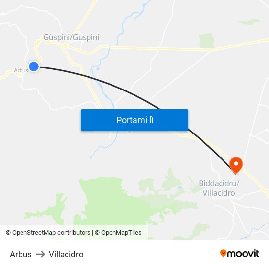 Arbus to Villacidro map