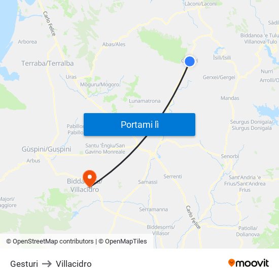 Gesturi to Villacidro map