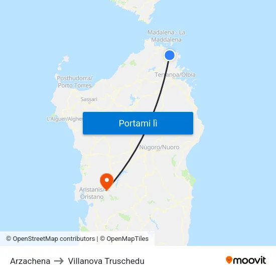 Arzachena to Villanova Truschedu map