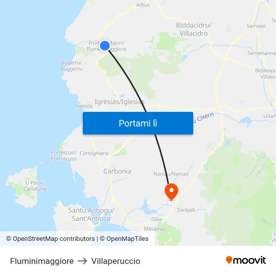 Fluminimaggiore to Villaperuccio map