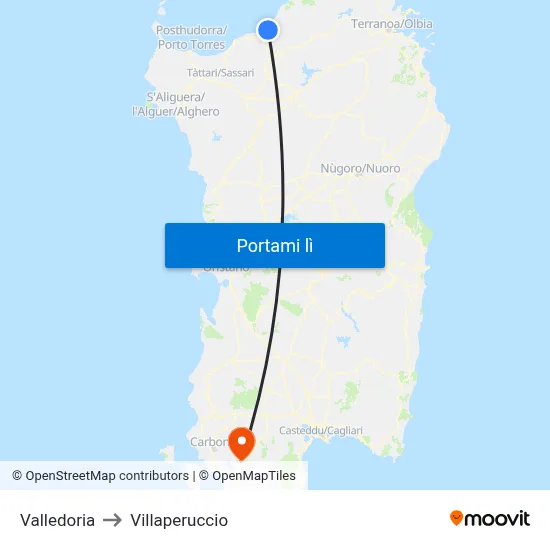 Valledoria to Villaperuccio map