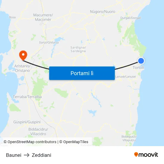 Baunei to Zeddiani map