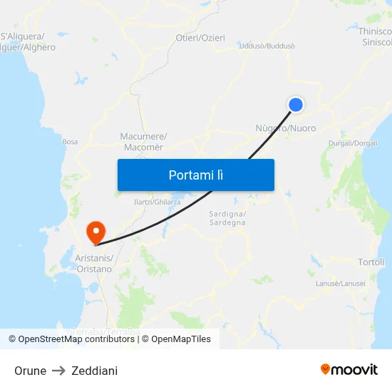 Orune to Zeddiani map