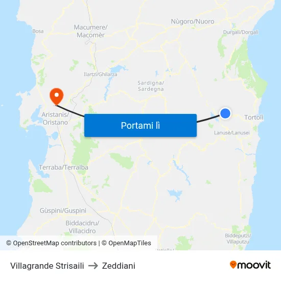 Villagrande Strisaili to Zeddiani map