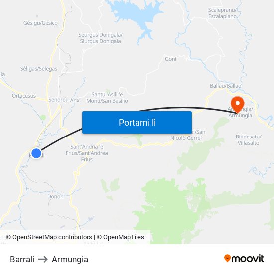 Barrali to Armungia map