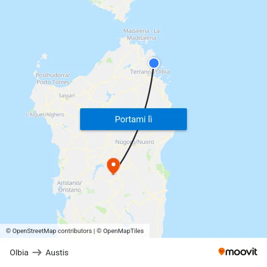Olbia to Austis map