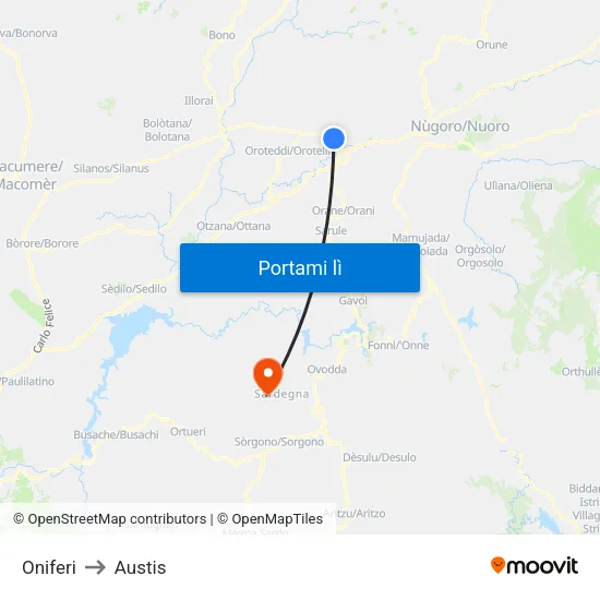 Oniferi to Austis map
