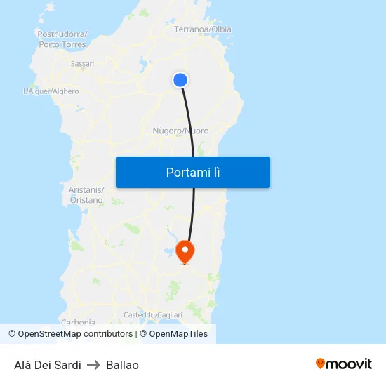 Alà Dei Sardi to Ballao map